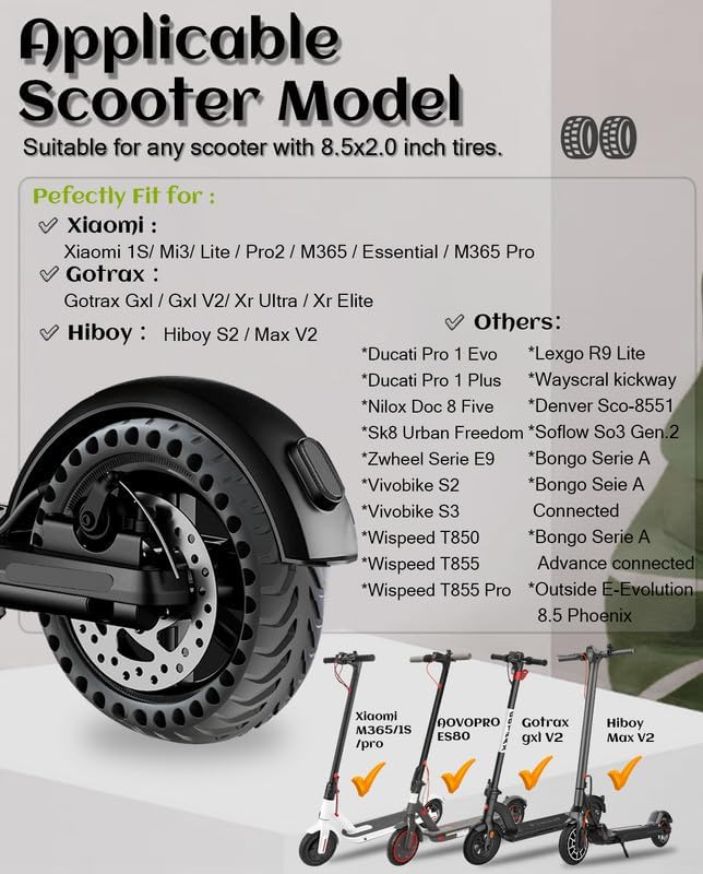 8.5 Inch 50/70-6.5 Solid Rubber Tires Replacement for HK 7pro, Hiboy S2 Xiaomi M365 Gotrax GXL V2 Apex XL XR Ultra isinwheel S9Pro Electric Scooter, 8 1/2 '' Tubeless Front Rear WheelInch tire for HK 7 pro, Xiami 365 gotrax,